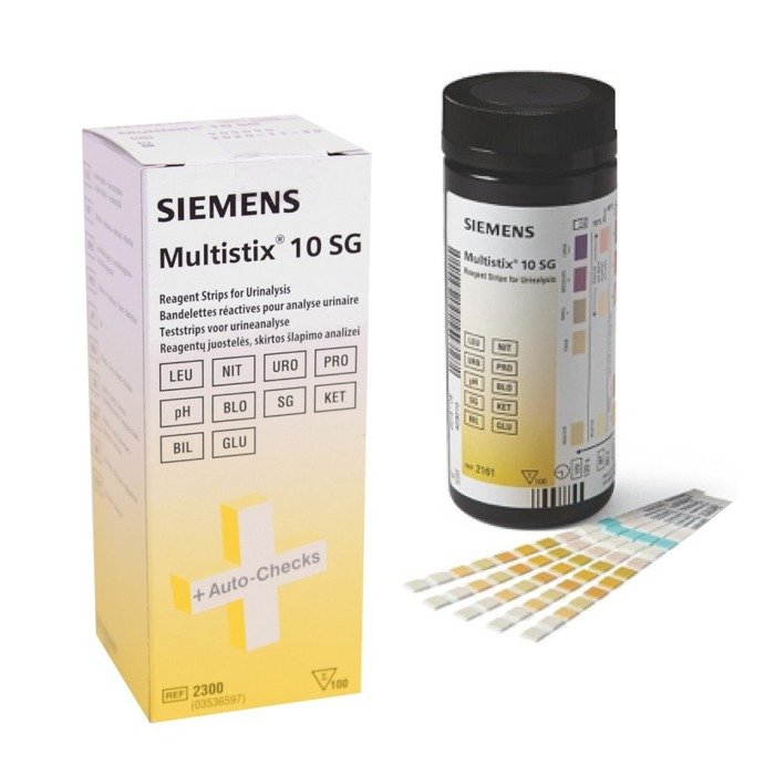 SIEMENS MULTISTIX (100 sztuk) - paski do badania moczu - 10 parametrów: leukocyty, azotyny, urobilinogen, glukoza, bilirubina, ciała ketonowe, ciężar właściwy, krew, pH i białko.